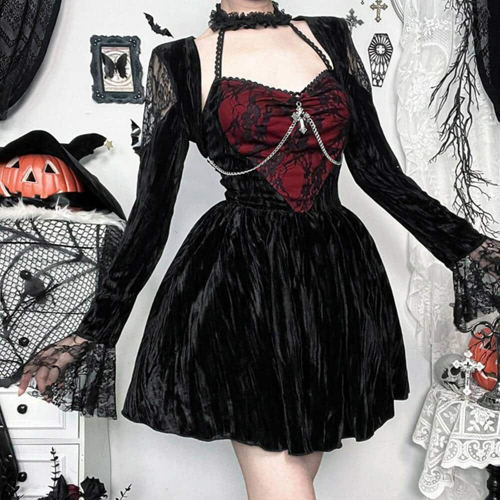 Moon Attic Kleid Red Lace Velvet – Bild 2